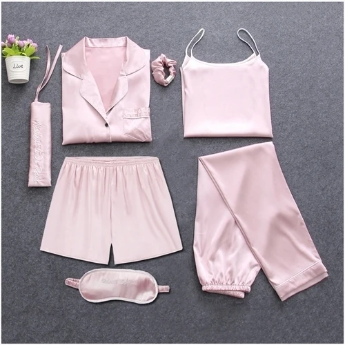Летние Пижамы, женские пижамные комплекты из 7 предметов, женские пижамы из искусственного шелка, комплект одежды для сна на осень и зиму, топы+ шорты+ рубашка+ штаны - Цвет: Pink