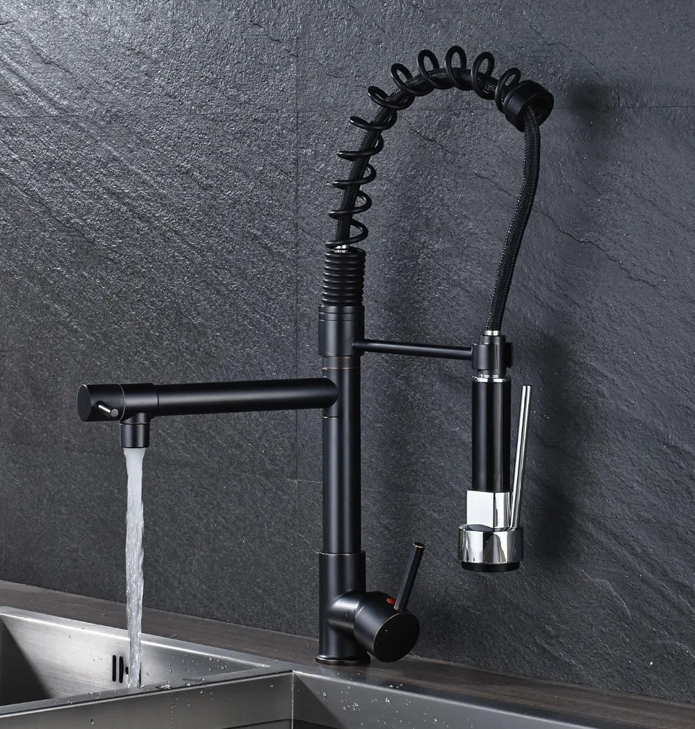 

Blackened Bronze Spring Kitchen Faucet Pull Down Sprayer Dual Spout Mixer Tap Sink Faucet 360 Rotation Kitchen Faucets hot cold