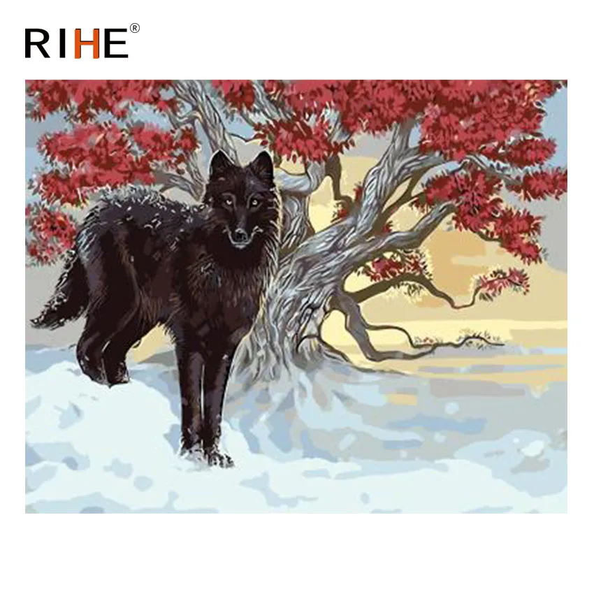 

RIHE Sunrise Snow Wolf Diy Painting By Numbers Animal Tree Oil Painting On Canvas Hand Painted Cuadros Decoracion Acrylic Paint