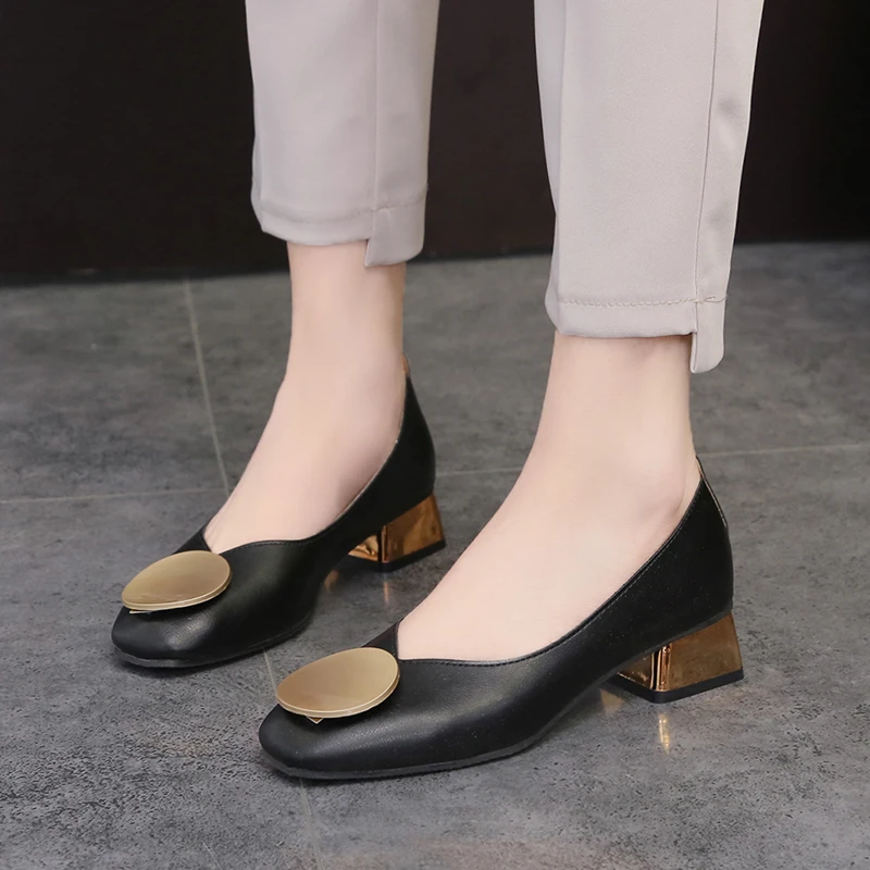 Plus Size 34-42 Women Dress Shoes Square Toe Medium Heels Pumps Gold Heels Shoes Woman Round Metal Boat shoes low 7350