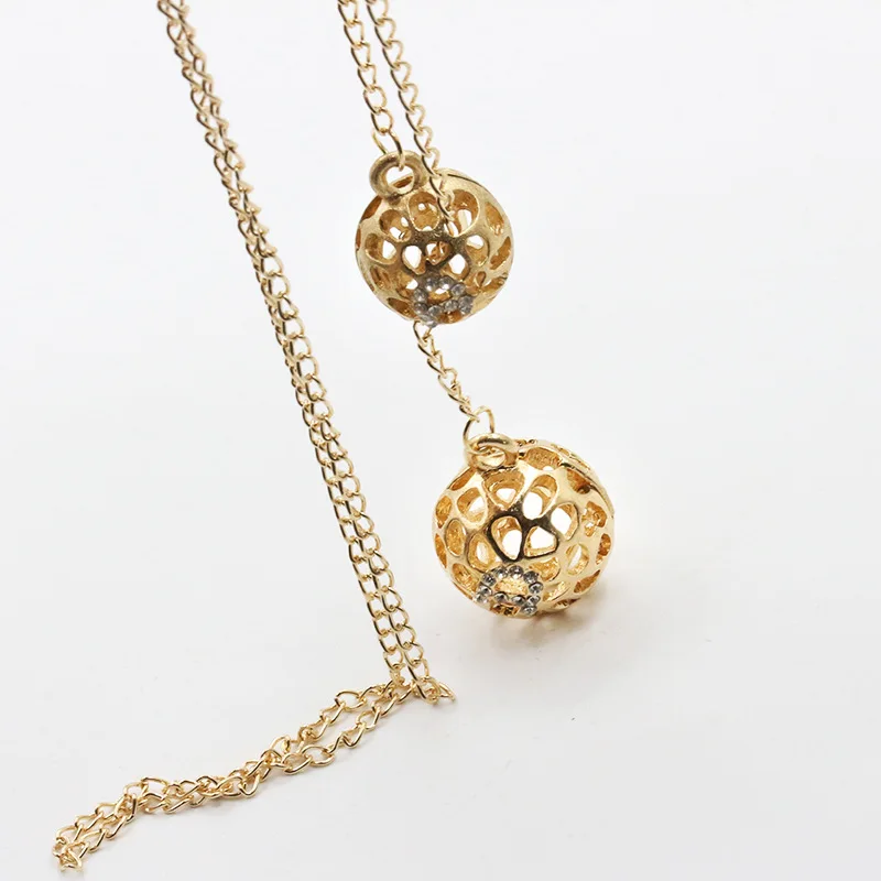 Gold Crystal Ball Necklaces Women Hollow Rhinestone Pendants Link Chain