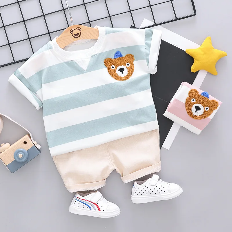 

2019 Summer Baby Girls Boys Clothes Sets Toddler Infant Clothing Sets Bear Stripe Shirt Shorts Kids Child Costume