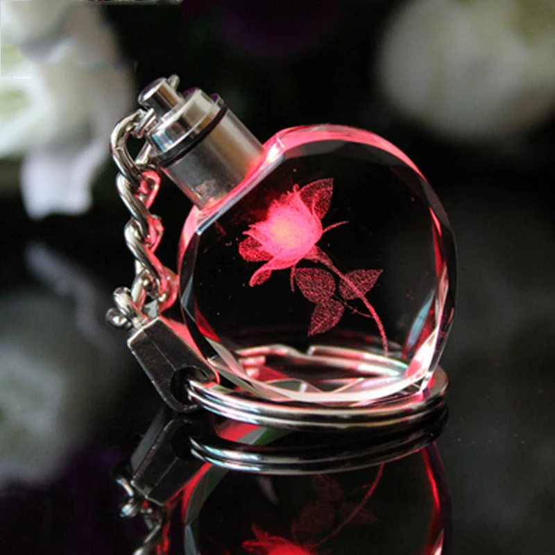 

7 LED Colorful Heart Crystal Rose LED Light Change Glowing Keychain Pendant Print Rose Key Chain Keyring Handmade Jewelry Gift