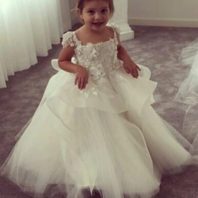 

White Princess Flower Girl Dress Lace Applique Thin shoulder strap Cascading Birthday Gown First Communion Party Dress