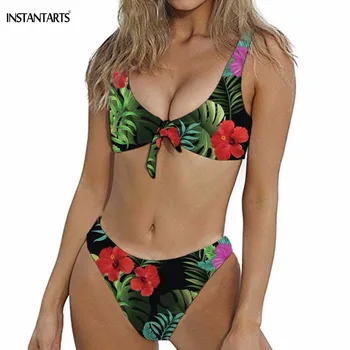 

INSTANTARTS 2019 New Women Sexy Swimming Suits Pink Red Hibiscus Hawaiin Pattern Sexy Bikini Sets Bathing Bow-knot Beach Wear