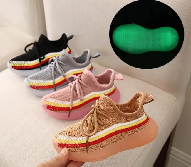 

Spring Autumn rainbow children's Noctilucent running shoes Kids boys mesh woven shoes girls luminous leisure sports shoes