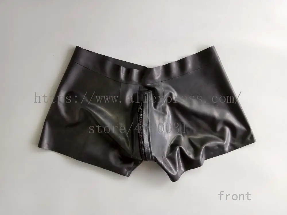 Crotch zipper design latex shorts men bottom in solid black color |