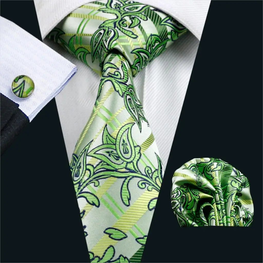 FA-299 Gents Necktie Green Floral 100% Silk Jacquard Tie Hanky Cufflinks Set Business Wedding Party Ties For Men Free Shipping