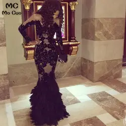 Арабский Иллюзия с длинным рукавом перо 2018 Русалка Вечерние Платья vestidos de fiesta черный официальная Вечеринка праздничное платье