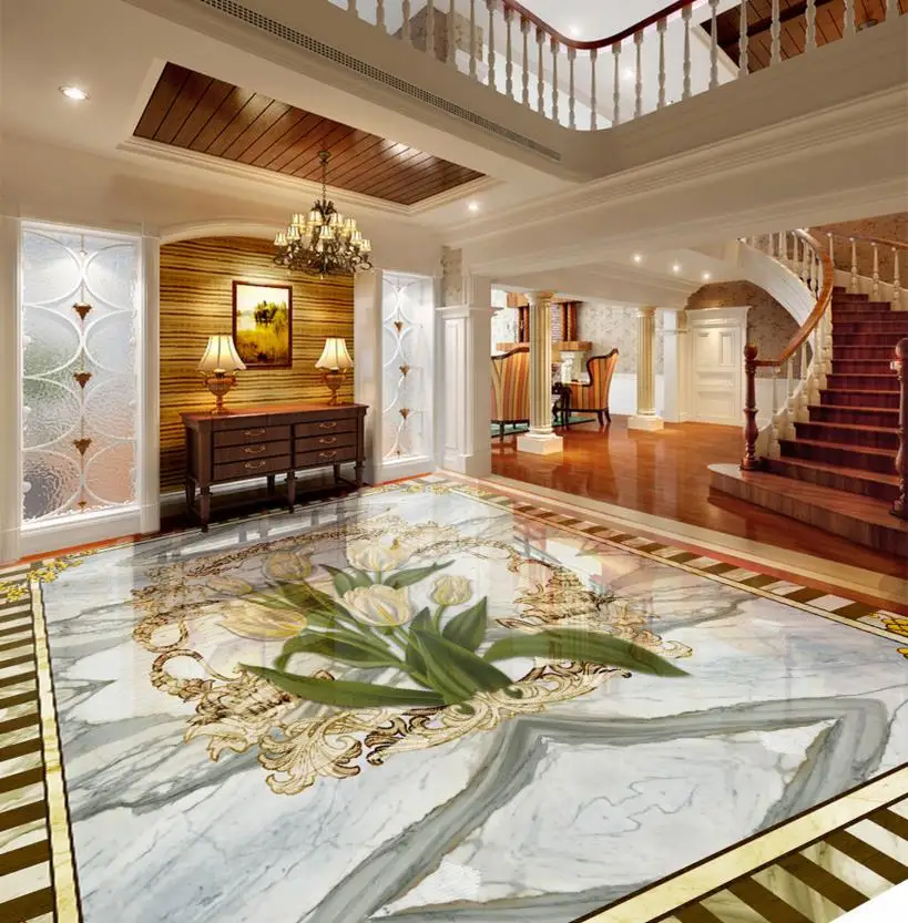 

Custom 3d floor vinyl marble wallpaper 3d stereoscopic floor wallpaper photo tulip waterproof self adhesive 3d pvc floor