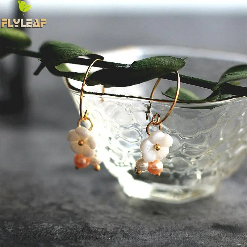 

Flyleaf 925 Sterling Silver Natural Pearl Shell Flower Drop Earrings For Women Simple Gold Dangle Earings Fashion Jewelry Party
