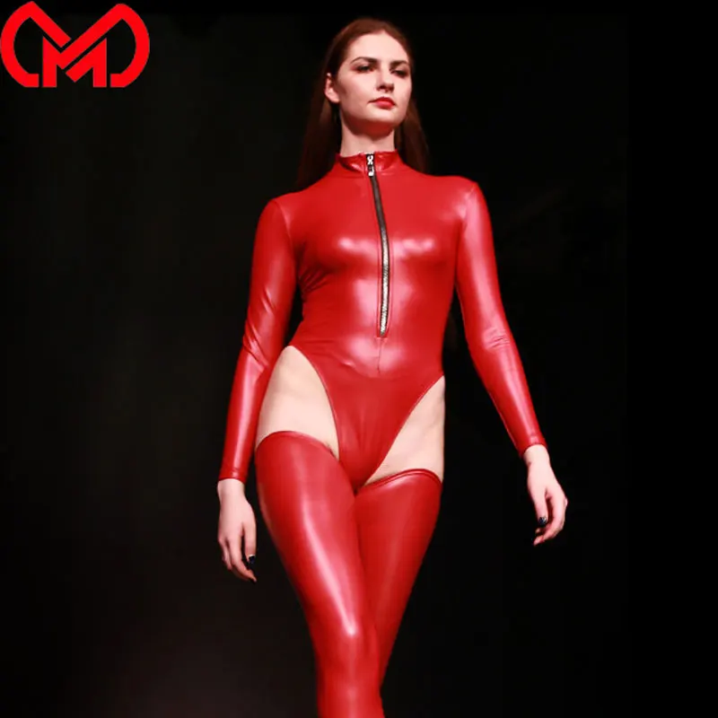 

MEISE Latex Shiny High Cut Bodysuit Thong Open Crotch Shaping Underwear Bodysuit Moto Biker Club Dance Wear Plus Size F92
