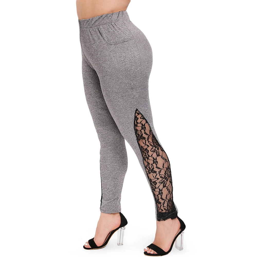 

Plus Size Lace Insert Pocket Leggings 2019 Skinny Mid Waist Ninth Pencil Pants Women Trousers Leggins Big Size 4XL