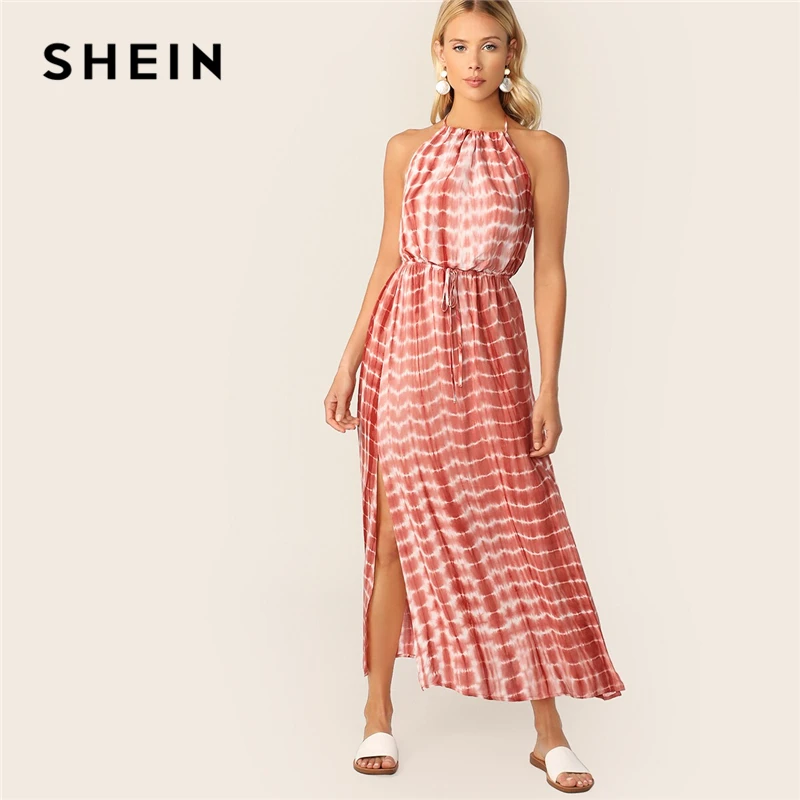 

SHEIN Boho Rust Tie Dye Drawstring Waist Split Thigh Knot Halter Summer Long Dress Women Backless High Waist A Line Dresses