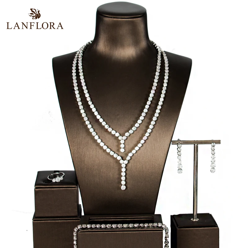 

LANFLORA new arrival luxury simple CZ gold and silver color cubic zirconia jewelry sets four pieces