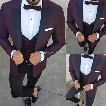 

Burgundy Slim Fit Men Suits for Prom Stage Wedding Groom Tuxedo Black Peaked Lapel Blazer Tailor Made 3 Piece Jacket Pants Vest