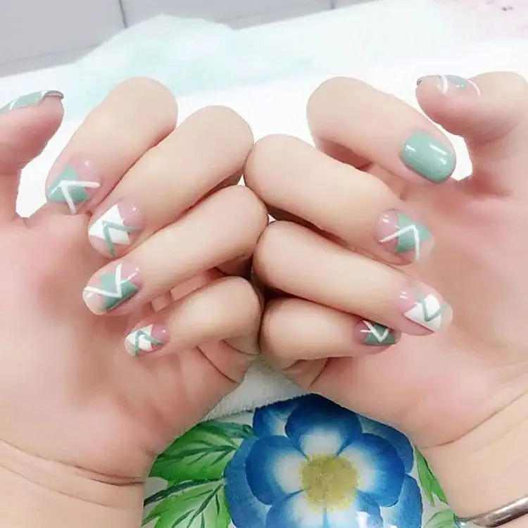 

Chic Angle Printing Designer Fale Nail Tips Square Head Full Cover False Nails Light Green Plastic Nails with Glue Sticker