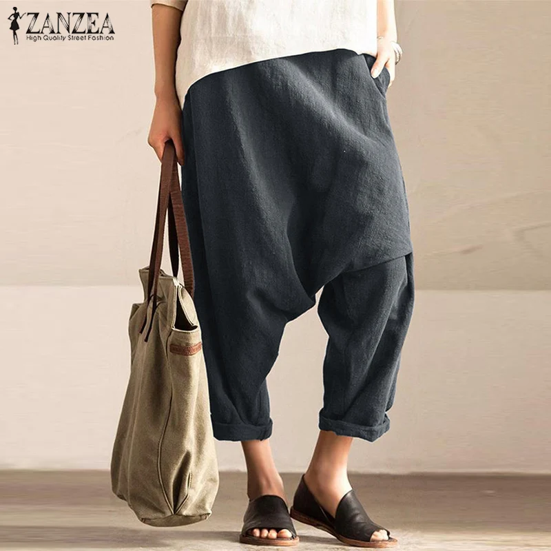 ZANZEA Women Cotton Linen Drop Crotch Pants Autumn Vintage Elastic Waist Solid Harem Trousers Casual Pantalon Turnip Robe Femme - Цвет: Серый