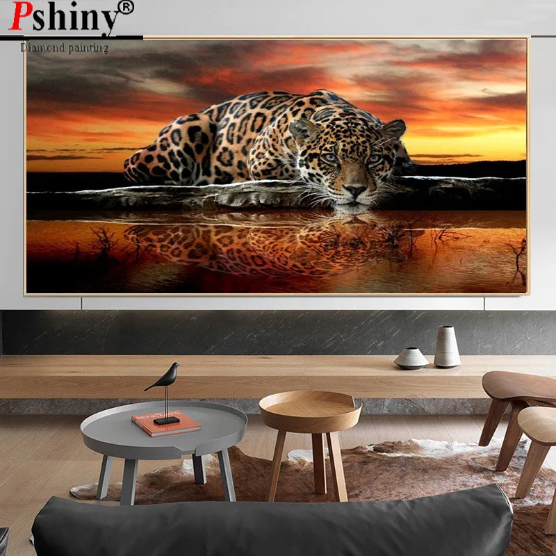 PSHINY DIY 5D diamond paintings from crystals full Square mosaic leopard Animal Picture of rhinestones diamonds embroidery sale | Дом и сад