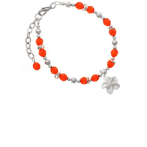 Silvertone White Plumeria Flower Orange Beaded Bracelet