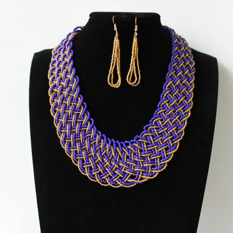 

Bohemian style chunky handmade woven seedbead necklace earring set for women jewelry gift