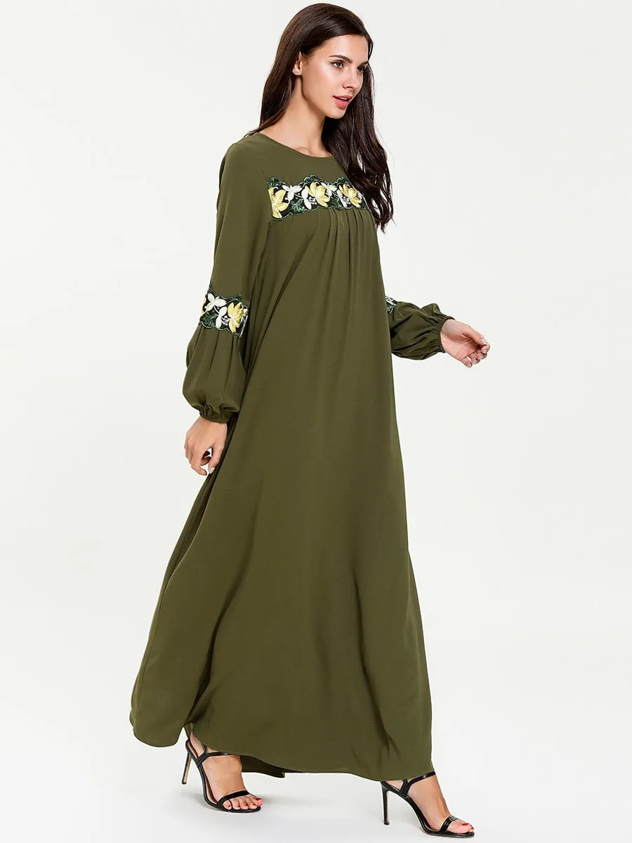 BNSQ Kiddie Parent-Child Clothing Mother Daughter Dress Girls Green Big kiddie Applique Bubble Long Sleeved Muslim Maxi Dress