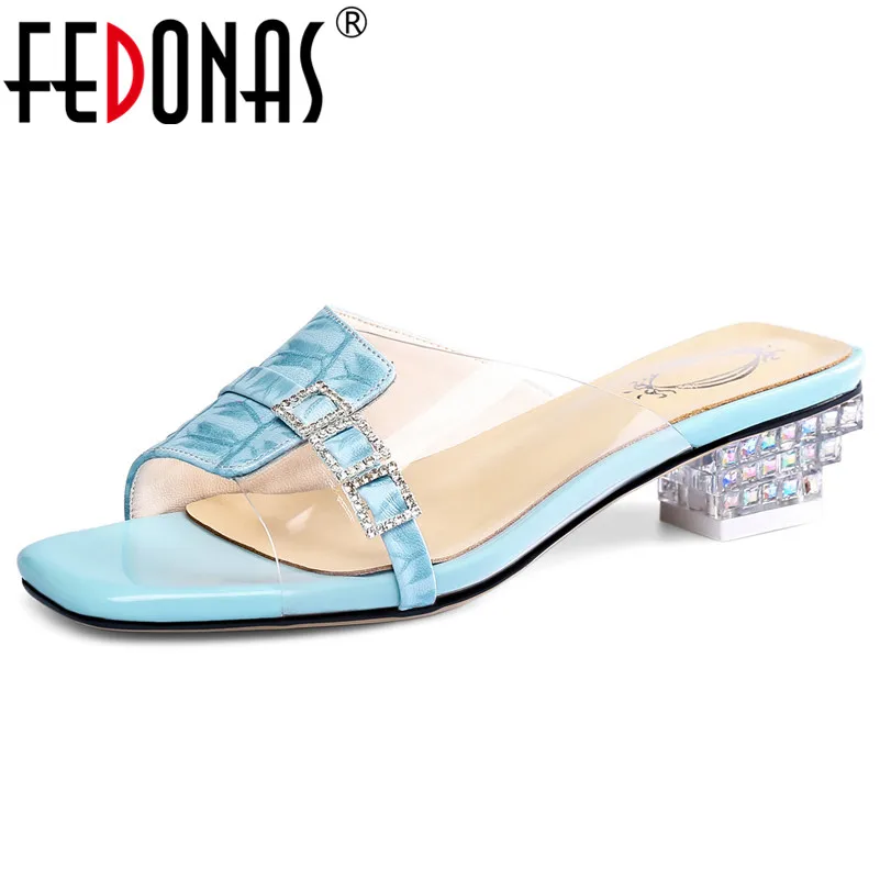 

FEDONAS Summer Sheepskin Pu Leather Women Sandals 2019 New Fashion Sweet Casual Shoes Woman Crystal Slip On Shallow High Heels