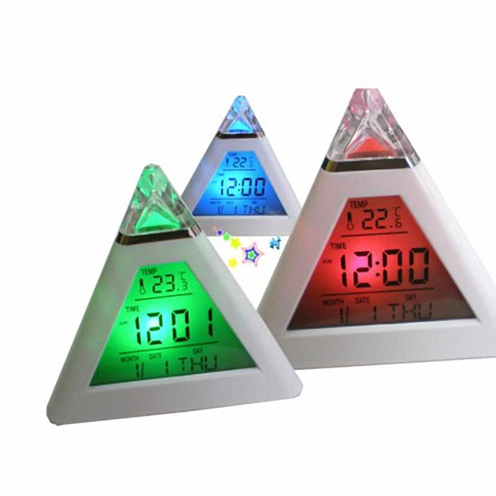 

New Fashion color changeable alarm clock Pyramid Temperature 7 Colors LED Change Backlight LED Alarm clock with date