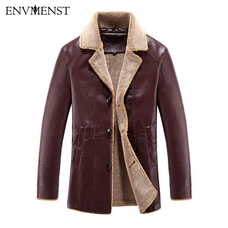 Env для мужчин st, модная мужская Толстая Теплая Бархатная зимняя кожаная куртка с подкладкой, мужское однобортное длинное пальто, мужское кожаное пальто