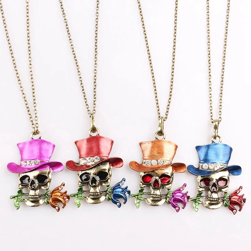 

Hot Fashion Fine Jewelry Alloy Skull Skeleton Magician Roses Flowers Long Chain Necklaces & Pendant For Women 2018 New Halloween