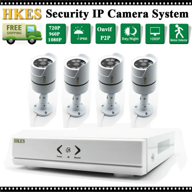 HKES 1080P IP Camera System Kit 8CH NVR Wired Camera Waterproof SurveillanceSystem 8CH NVR 4 Wired IP Camera 2MP Kit