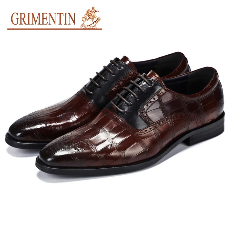 

GRIMENTIN Mens dress shoes 100% genuine leather crocodile print oxford shoes fashion designer formal business wedding male shoes
