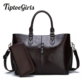 

Two Sets of Composite Bag Oil Wax Leather Ladies Handbag New Fashion Large Capacity Casual Wild Shoulder Messenger Bag