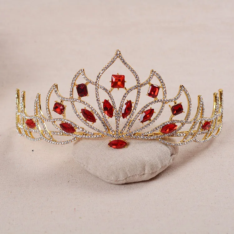 Золотая свадебная тиара в стиле барокко с красным кристаллом, диадема для невесты, зеленые стразы, корона для женщин, свадебные повязки на голову, ювелирные изделия для волос, аксессуары