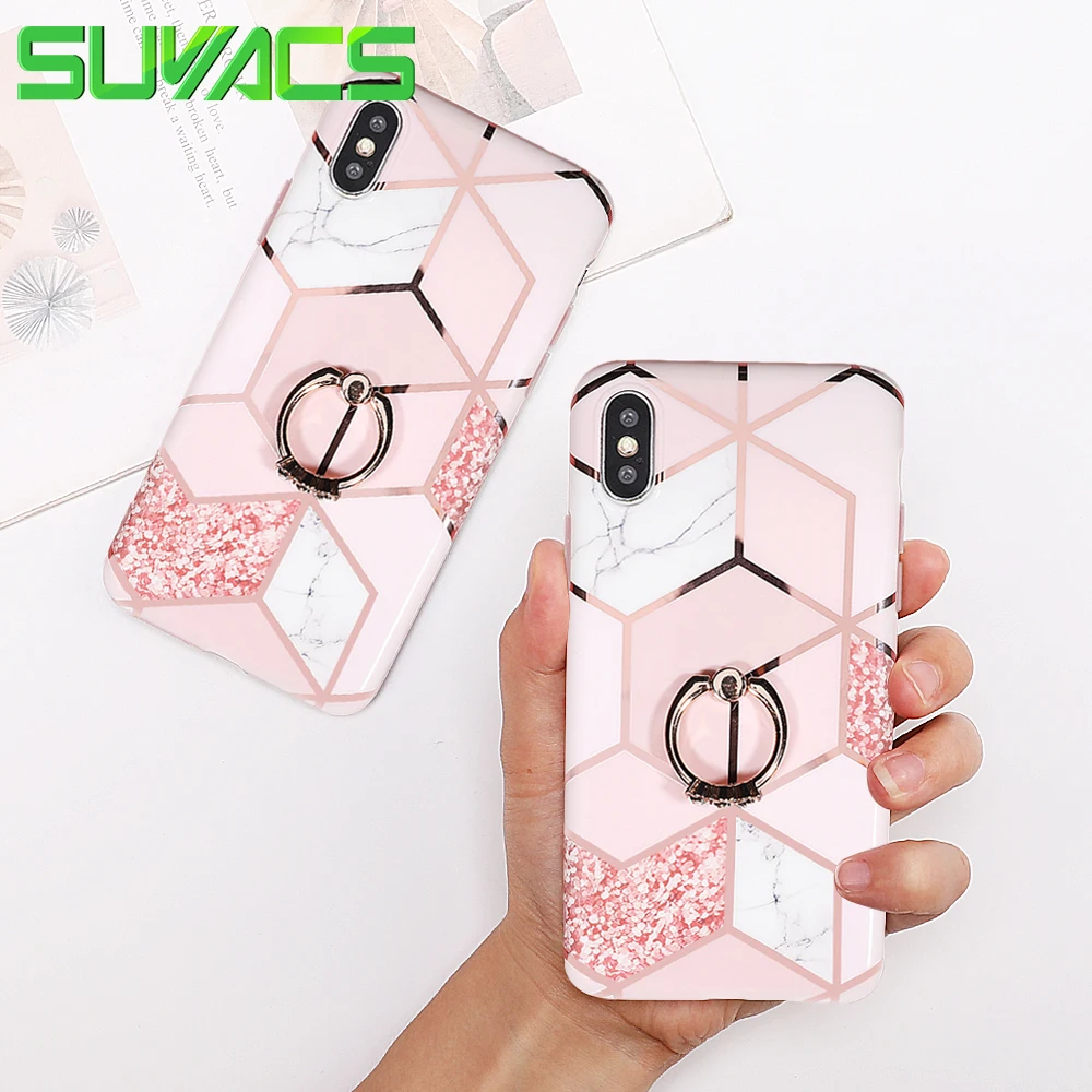 

Electroplate Pink Marble Ring Phone Case For iPhone XR 7 X XS Max For iPhone 7 8 6S Plus Full Body Cover Geometric Phone Shell