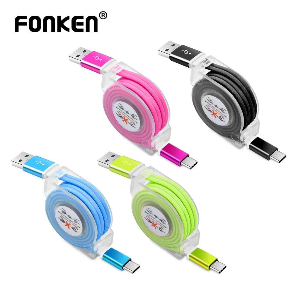 Кабель FONKEN usb type C 1 М телескопический USB C телефонный кабель type-C быстрое зарядное устройство Шнур для хранения быстрая зарядка кабели для мобильных данных