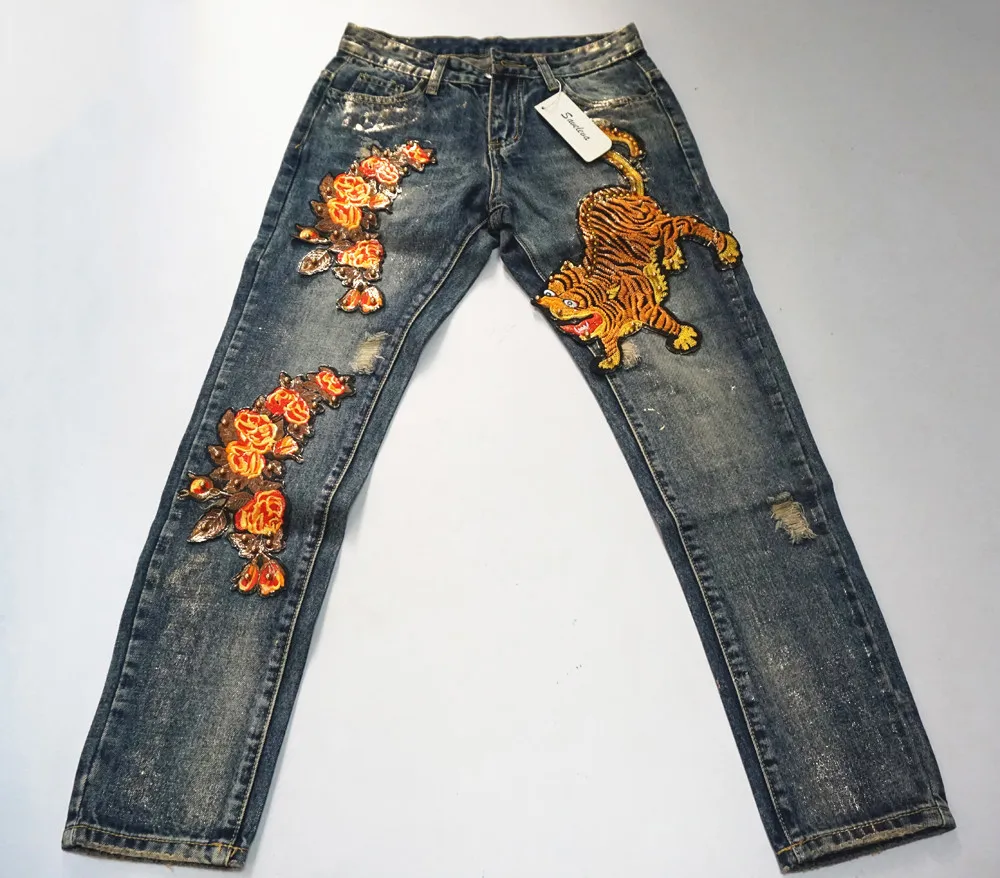 Autumn New Fashion Tiger Pattern Embroidery Women's Ripped Jeans Hole Denim Beading Jeans Brand Women Jeans Street Style