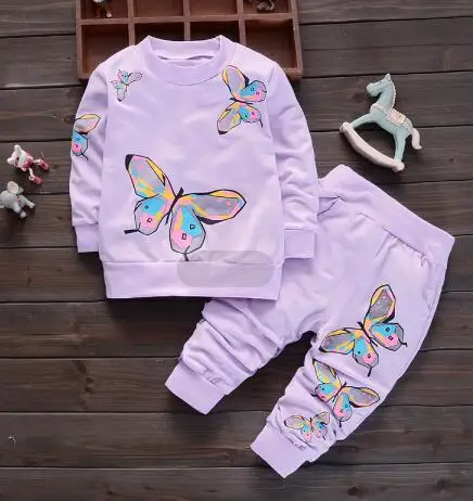 BOTEZAI/комплекты детской одежды для девочек г. летние модные стильные футболки с принтом бабочки+ штаны комплекты одежды из 2 предметов для маленьких девочек - Цвет: purple