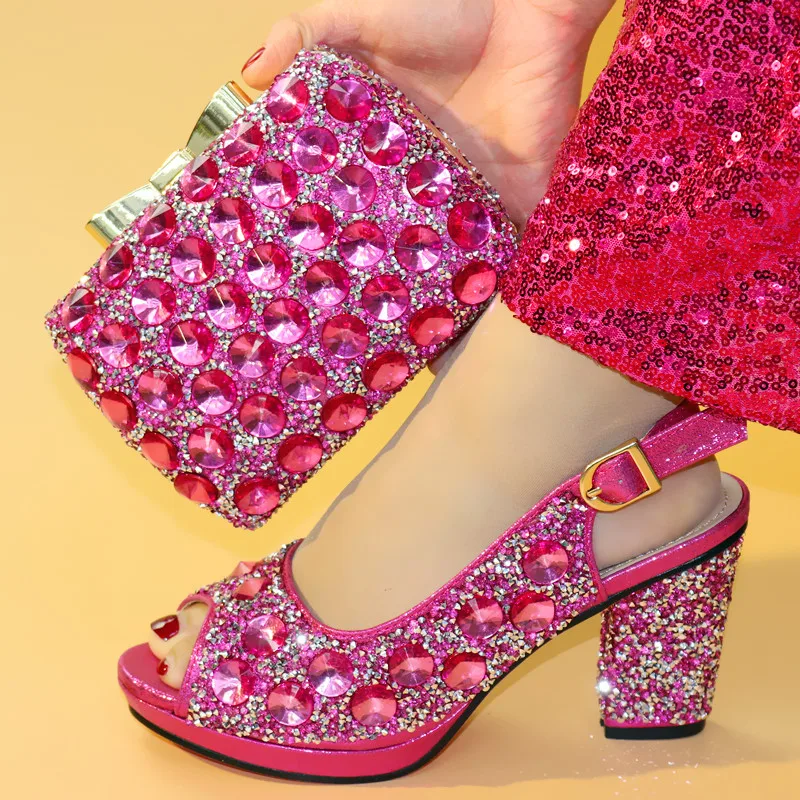 

Latest Fuchsia Matching Shoe and Bag Set Decorated with Rhinestone African Shoe and Bag Set for Party In Women Elegant Shoes Bag