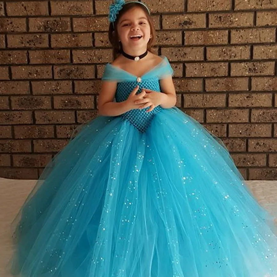 Girls Blue Glitter Princess Tutu Dress Elsa Inspired Kids Rhinestone Wedding TUTU (1)
