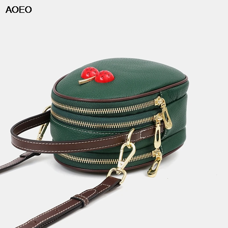 AOEO صغيرة Crossbody حقائب للنساء جلد طبيعي 3 سستة جيب لطيف الكرز سيدة يد فتاة الكتف حقيبة ساعي الإناث