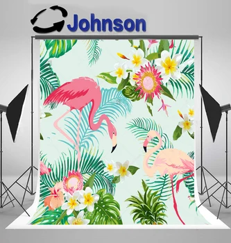 

wall backdrop High quality Computer print Tropical Flowers Green Leaves Vintage Cartoon Pink Flamingo photography backgrounds