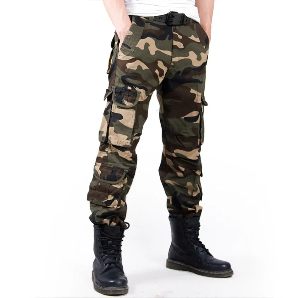 Модные с камуфляжным принтом военные брюки-карго Для мужчин свободные широкие в стиле милитари повседневные брюки из хлопка мужская сумка