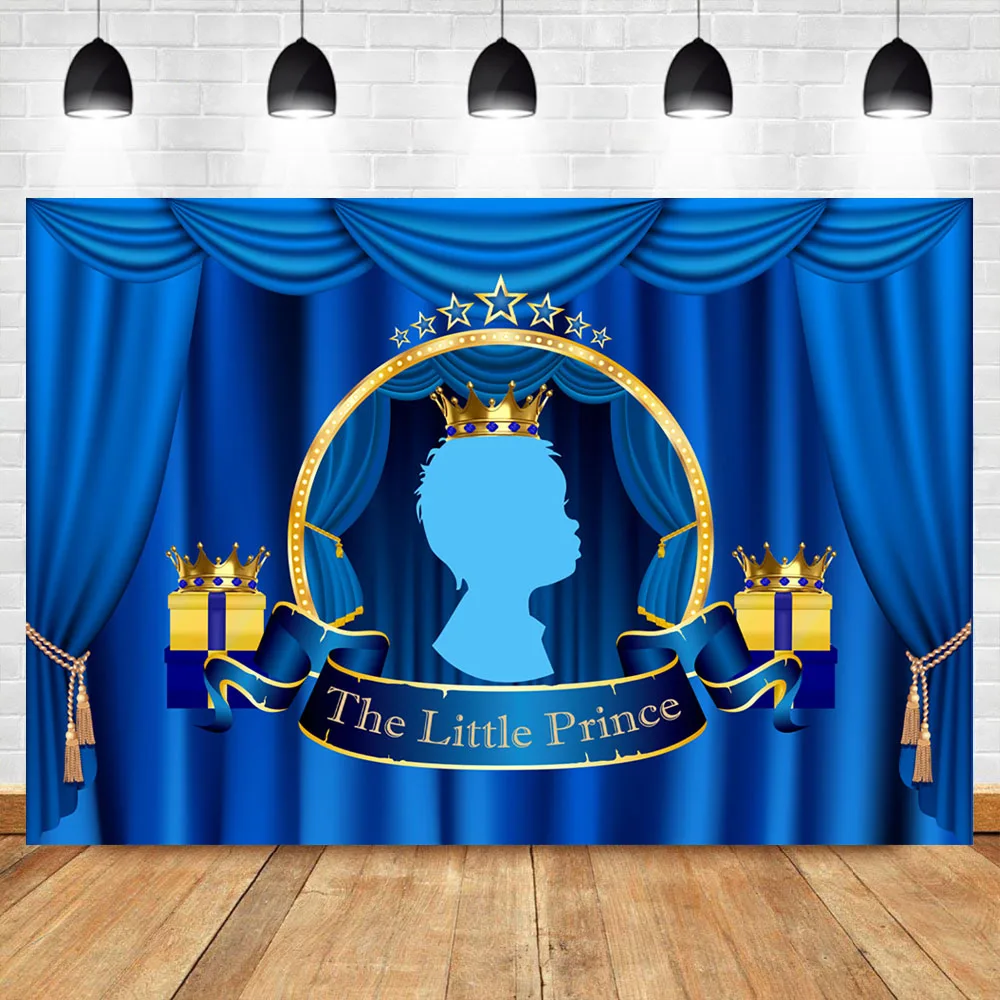 

NeoBack Royal Little Prince Photography Backdrop Blue Curtain Crown Photo Booth Background Studio Baby Shower Family Theme Party