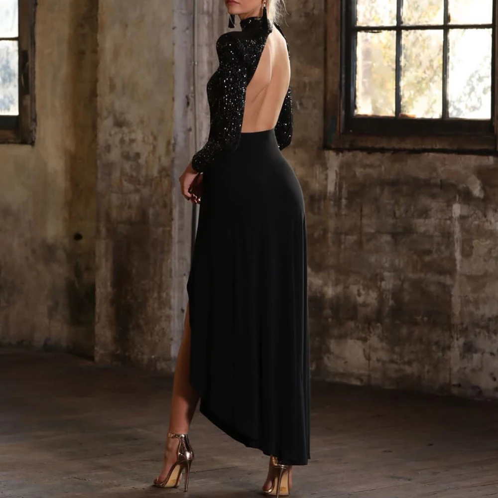 Латье с открытой спиной Halter черный Платье с блестками лоскутное сексуальные с длинными рукавами без спинкиплатье для вечеринки вечернее платье