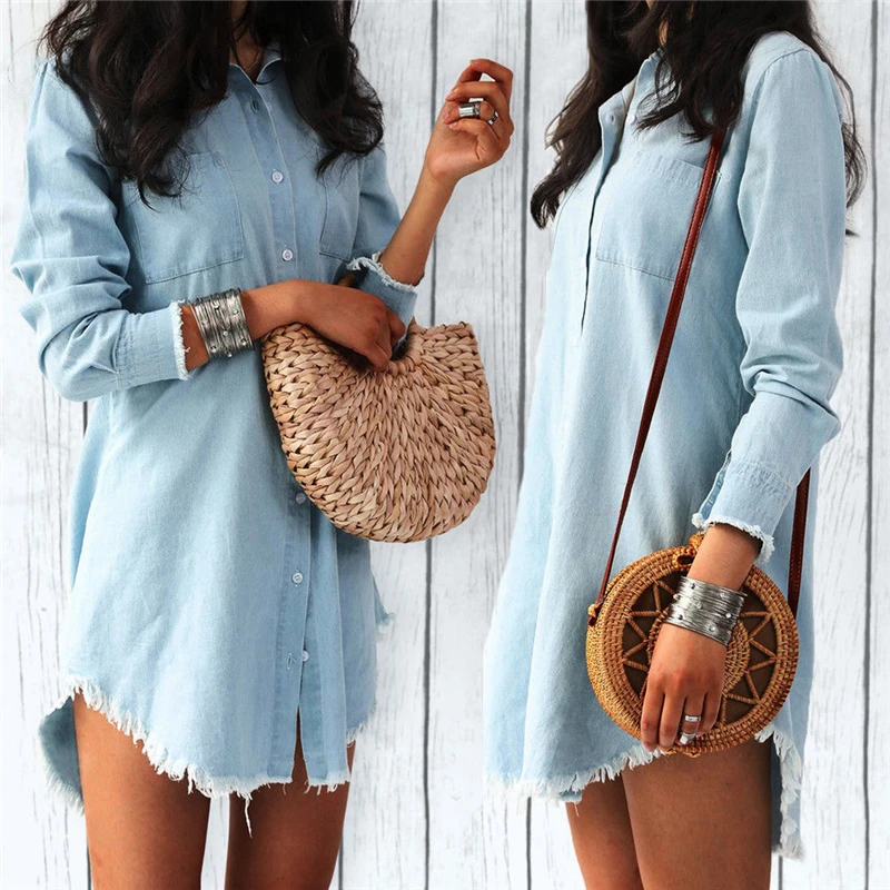 

Fashion Autumn Women Dress Lady Long Sleeve Denim Shirt Dress Casual Turn-down Collar Loose Tassels Dresses