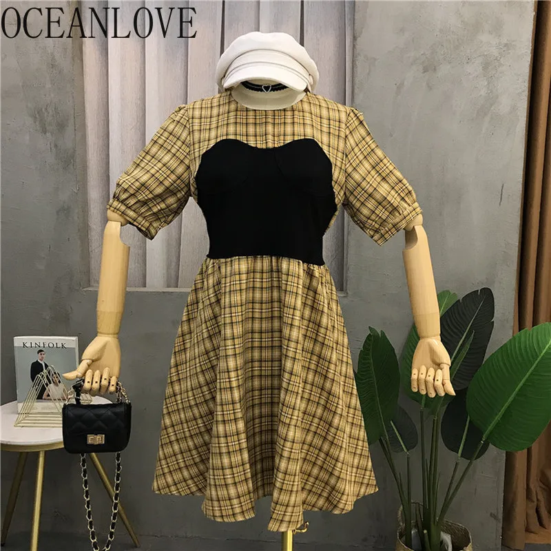 

OCEANLOVE Korean 2019 Plaid A-line Summer Dress Women Puff Sleeve Fake Two Pieces Patchwork Midi Dresses Fashion Vestidos 12374