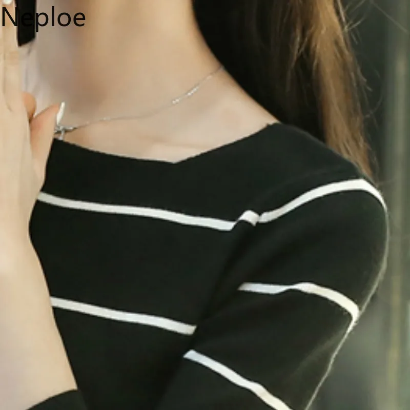 Neploe Korean Skinny Simple Women Sweaters Slash Neck Striped Full Pullovers Sleeve Jumper Sweater Cotton Sweater 45432