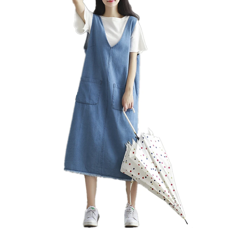 

V Neck Denim Dress Sleeveless Spring Autumn Casual Tannk Overalls Pockets Back Slit Design Plus Size Jeans Dresses vestido longo