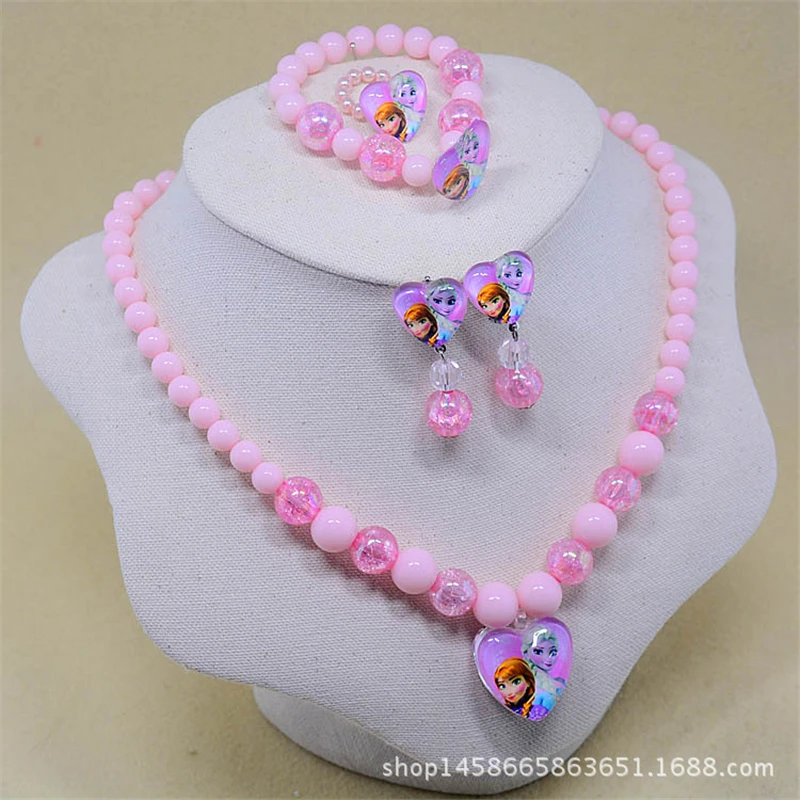 5 шт. Дисней мультфильм Замороженные Эльза дети ожерелье+ браслет+ кольцо+ Клипсы Серьги Кукла девочка подарок на день рождения Косметическая цепочка